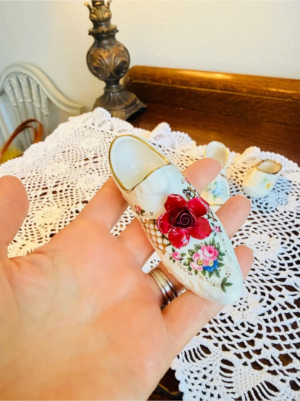 Vintage Porcelain Shoe Trio-English Trinket Box-Crochet Runner Bundle